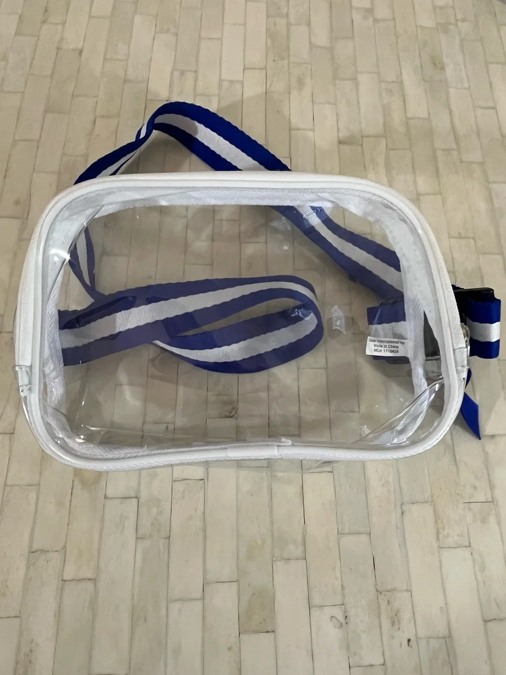 Clear Belt Bag with White Trim and Blue-White Adjustable Strap